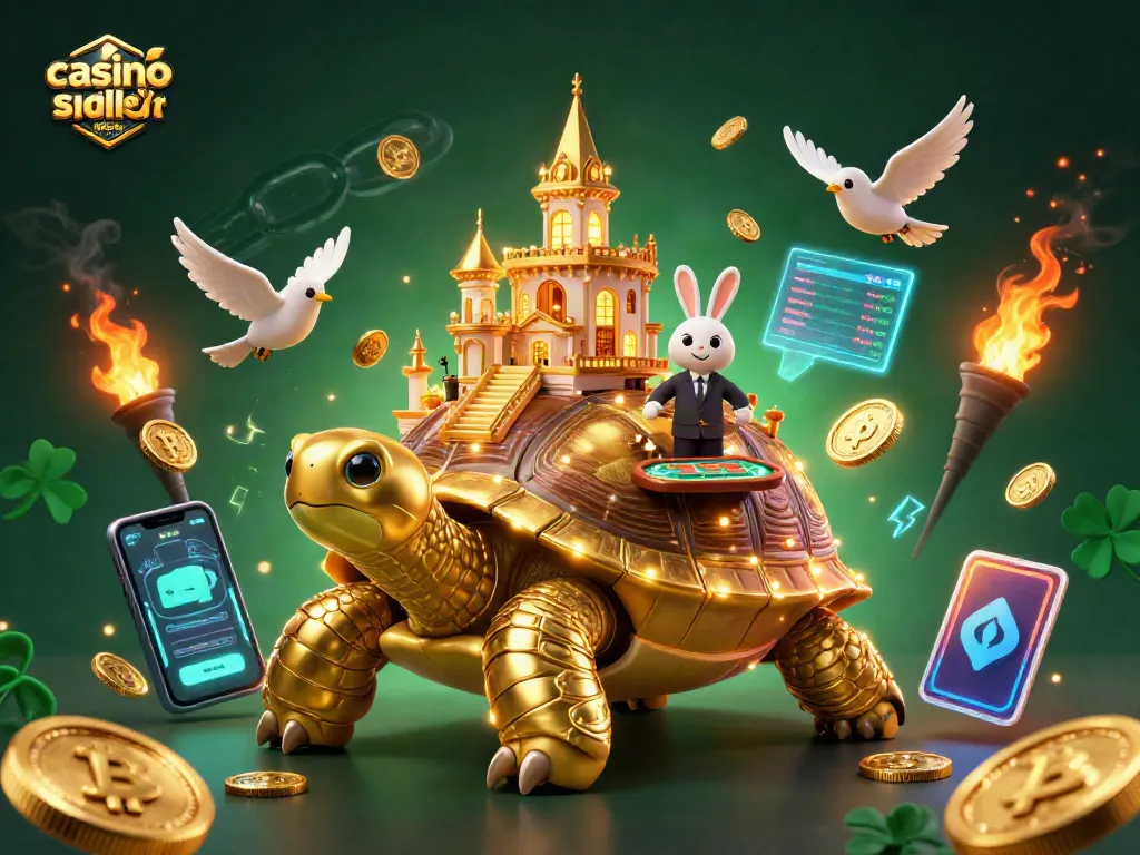 Engage with casino sider uden ROFUS in a vibrant illustration of a golden tortoise hosting a dynamic casino scene.