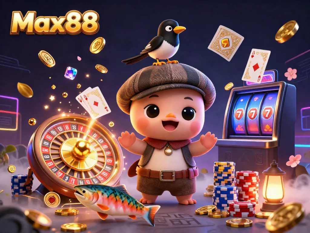 Engage in thrilling gaming action at Max88 with a vibrant 3D illustration showcasing baby Nessie and exciting casino elements.
