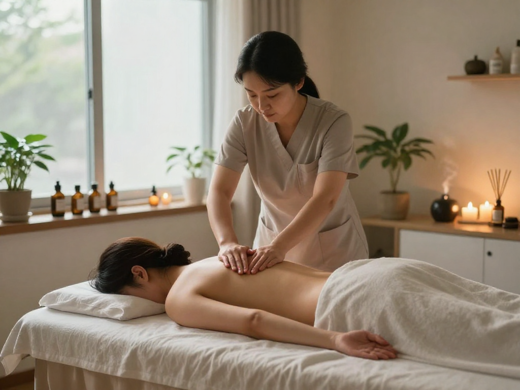 Relaxing massage therapy session in a calming room showcasing 김포출장안마 techniques with soothing ambient light and essential oils.