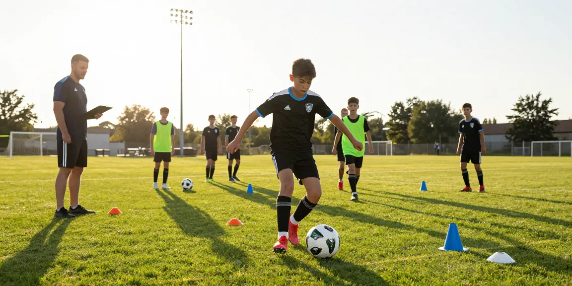 Jugendlicher Spieler mit Mantom matchball fußball auf dem Trainingsfeld zeigt Trainingsfähigkeit und Teamgeist.