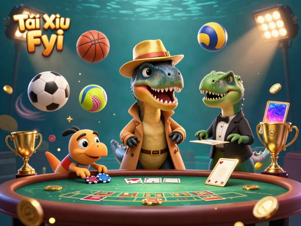 Tài Xỉu Fyi velociraptor at a blackjack table amidst vibrant sports elements and dynamic action.