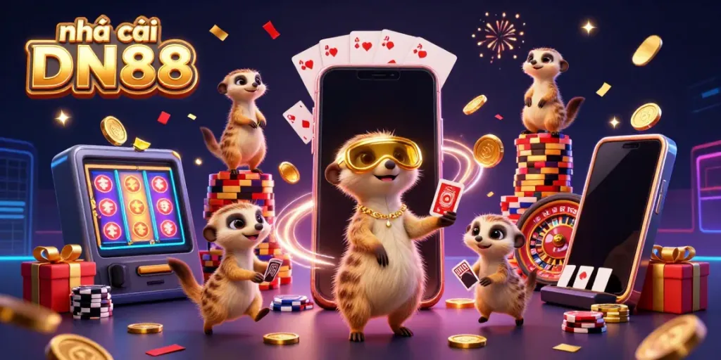 Engage with the excitement at nhà cái DN88 through this vibrant 3D casino scene featuring lively meerkats.