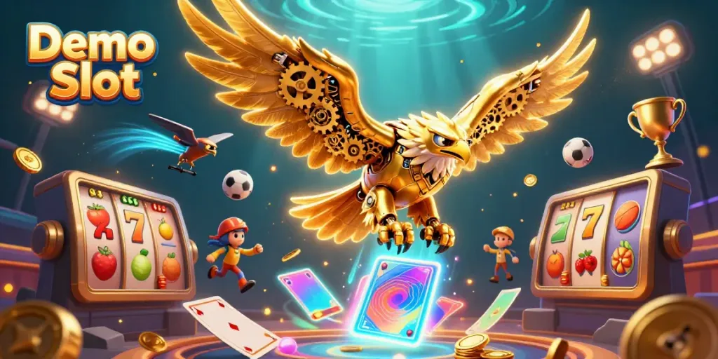 Experience the thrill of a Demo Slot with our dynamic 3D slot machine scene featuring golden eagle and gaming elements.