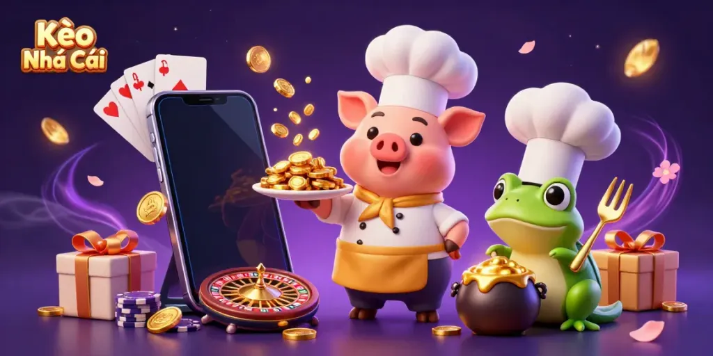 Kèo Nhà Cái offers a culinary twist on gaming with a pig chef serving gold coins, complemented by a gold-tasting mouse and critic frog.