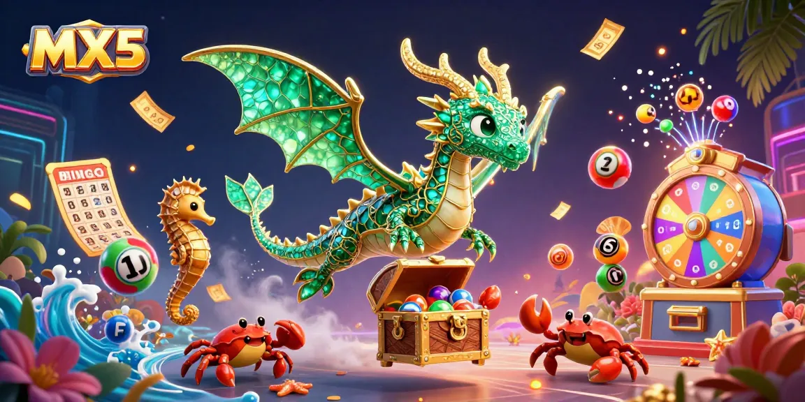 Experience thrilling gameplay at MX5, showcasing a dynamic sea dragon scene with lottery balls and treasures.