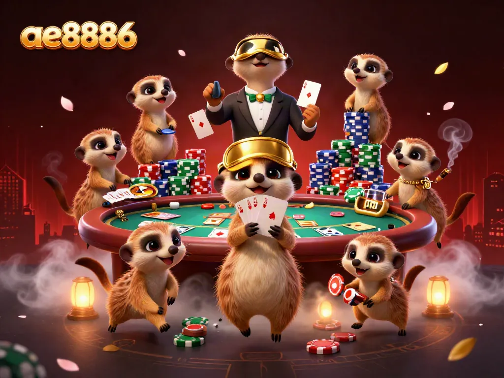 Engage with ae8886 as meerkats operate a bustling casino filled with poker action and colorful chips.