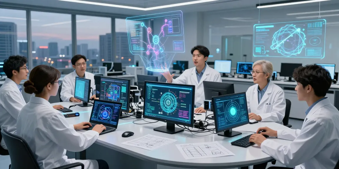 Researchers in a futuristic lab exploring quantum computing technologies with advanced quantum computers and holographic displays.