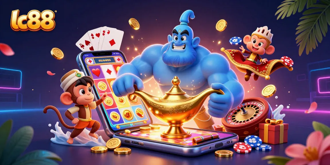 Experience the thrills of gaming at lc88 with a genie and flying carpet amidst vibrant casino elements.