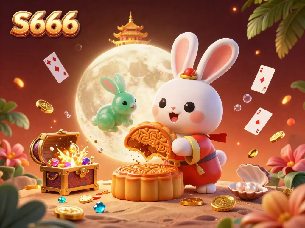 Experience the excitement of S666 with a moon rabbit pounding mooncakes revealing poker chips, set in a vibrant casino atmosphere.