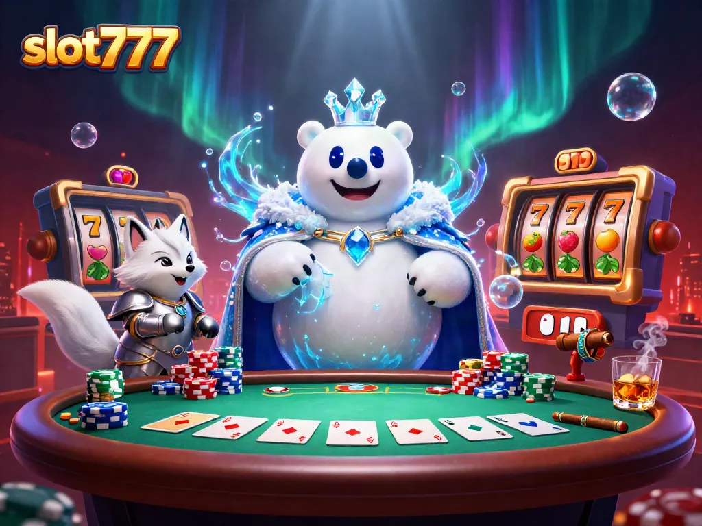 Slot777 tampil menakjubkan dengan beruang kutub raja dan teman rubah, dikelilingi elemen slot dan chip poker.
