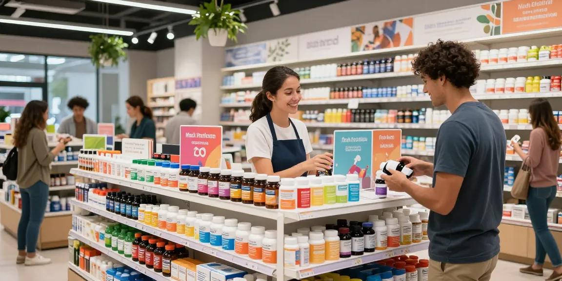 Innenansicht des Medi Pharma Shops mit Gesundheits- und Wellnessprodukten sowie Kundeninteraktionen in einem lebhaften E-Commerce-Umfeld.