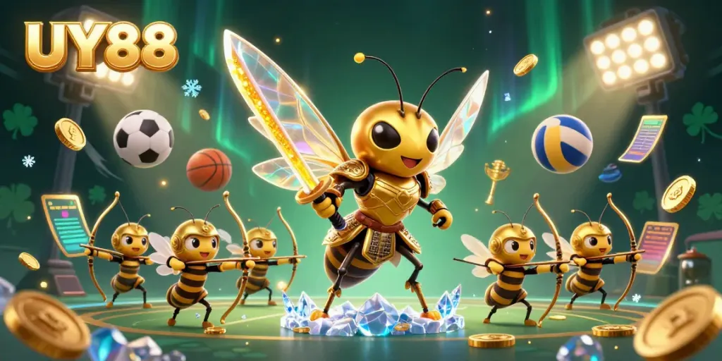 Experience the excitement of UY88 as cartoon characters celebrate with vibrant casino elements and dynamic sports gaming action.