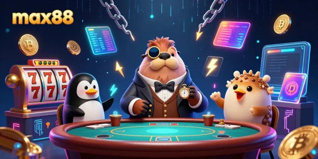 Experience the thrilling poker action at max88 with a clever walrus, penguin dealer, and bluffing pufferfish.