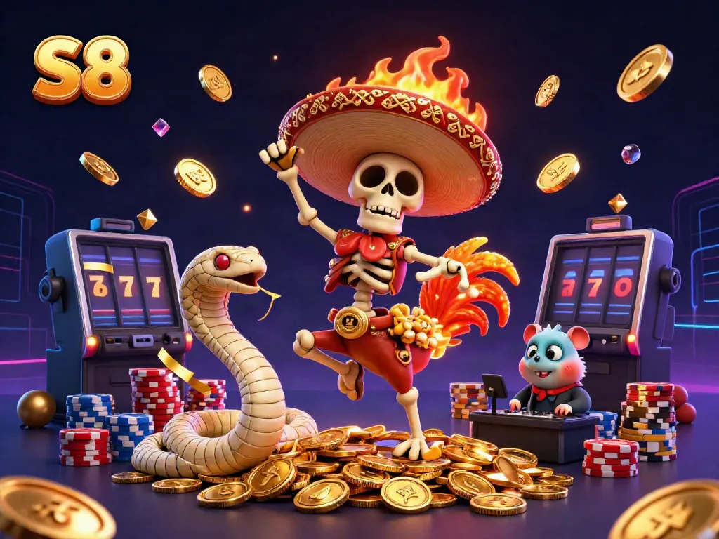 Experience the excitement of S8 with a vibrant casino scene featuring dynamic characters and gaming elements.