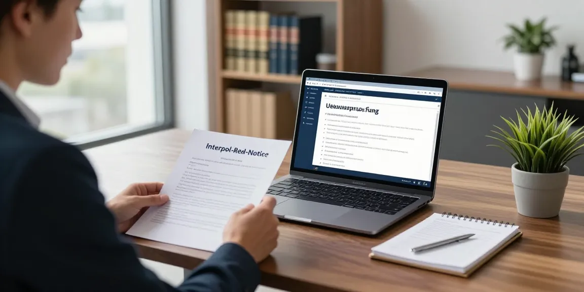 Professionelle Anwältin bei der Interpol-Red-Notice-Überprüfung in Kanzlei mit Dokumenten und Laptop.