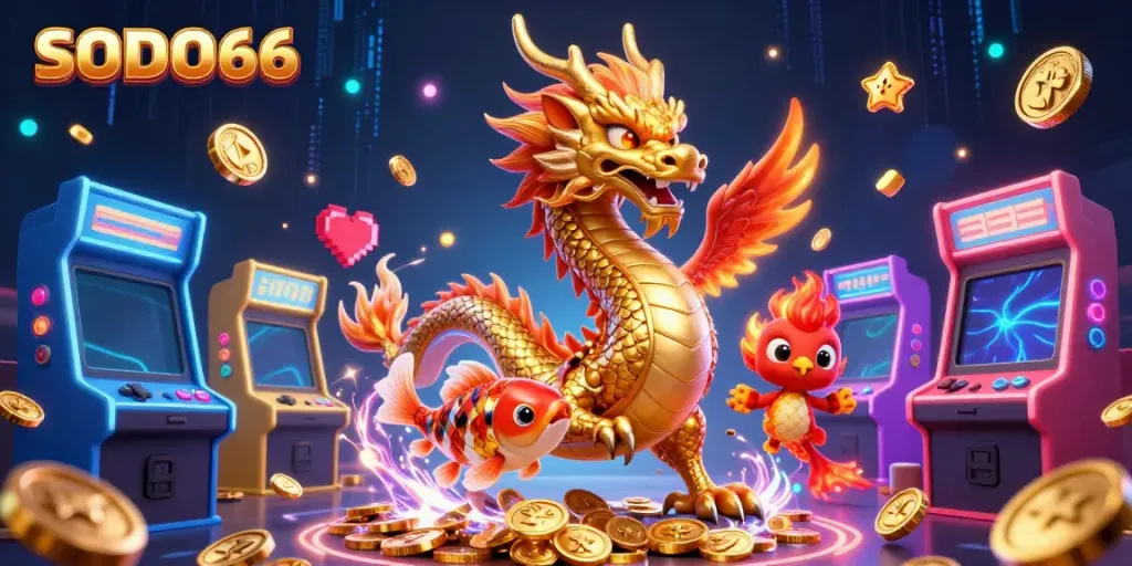 SODO66 showcases a vibrant casino scene with a powerful dragon, phoenix, and koi fish, surrounded by arcade games.