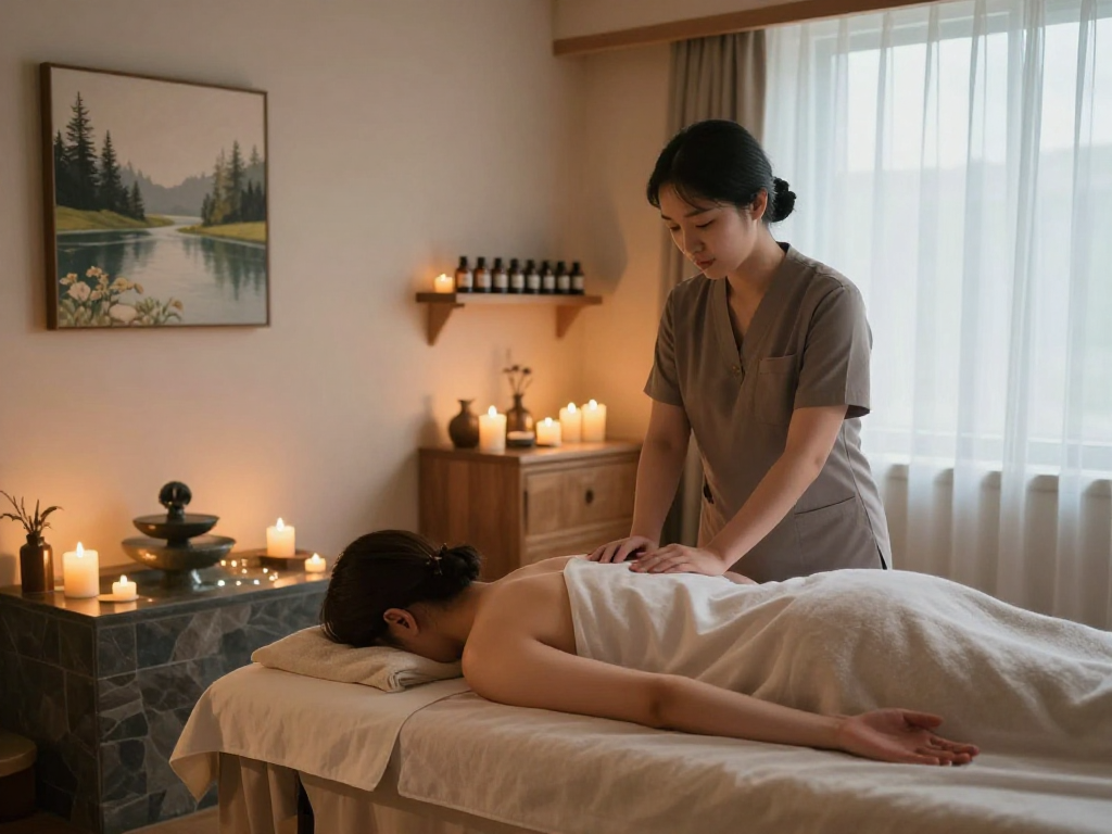안양출장안마 massage service in a calming massage studio with essential oils and natural lighting