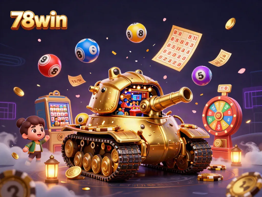 Immerse in the vibrant casino world of 78win with confetti, lottery balls, and dynamic game elements.