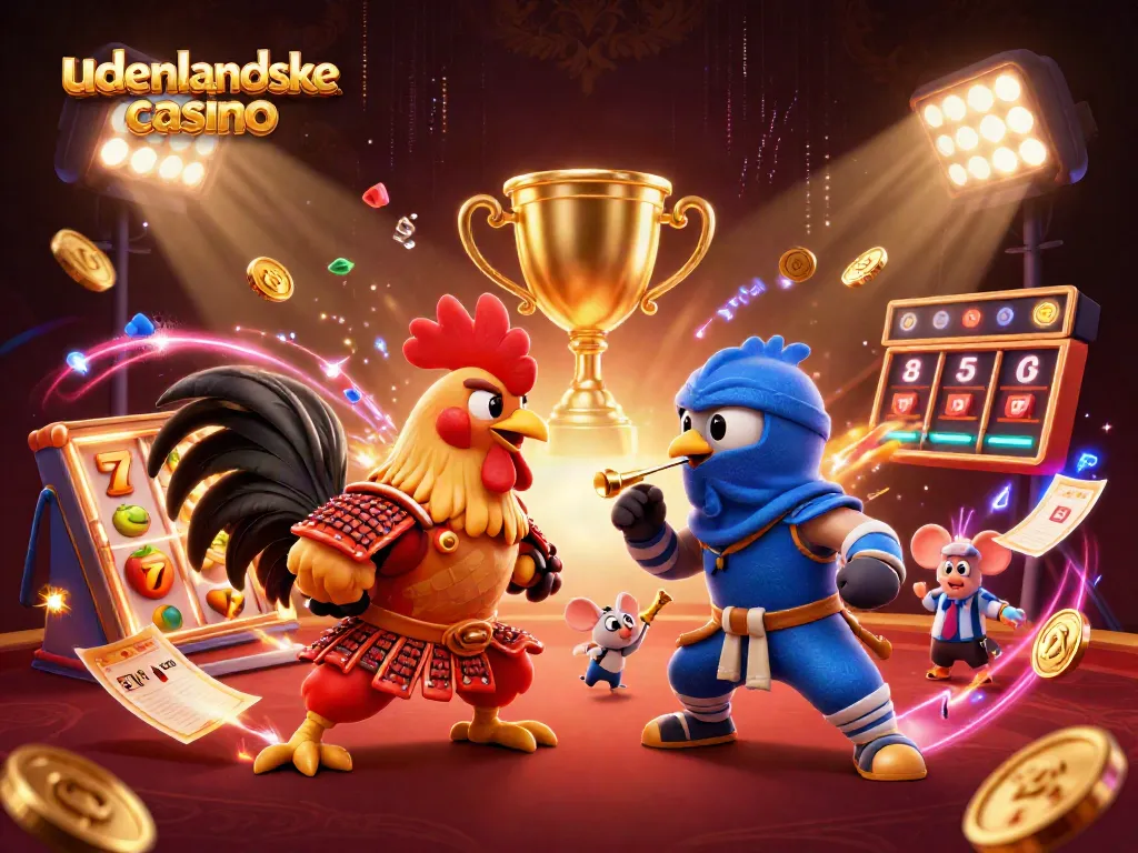 Engage with udenlandske casino action featuring fighting roosters in a vibrant battle.