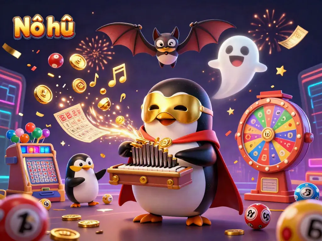 Nổ hũ slots game featuring a penguin organist and acrobat bat surrounded by colorful gambling elements.