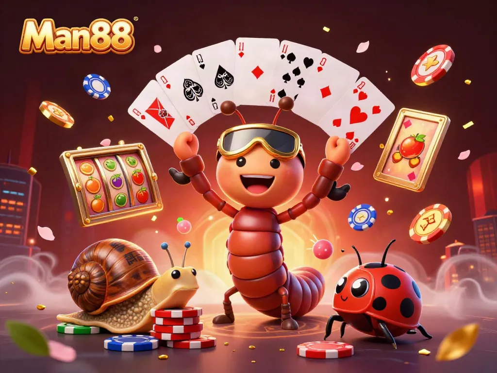Experience thrilling action at Man88 with a vibrant illustration featuring a millipede dealer and jackpot symbols.