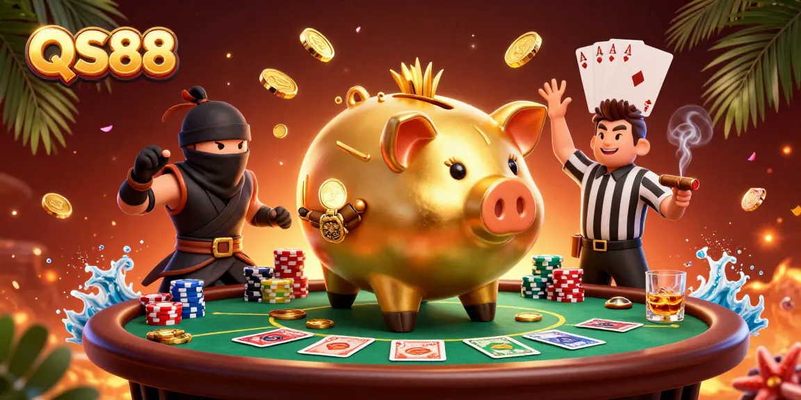 Join the exciting QS88 casino experience with a vibrant scene of a sumo wrestler and ninja!