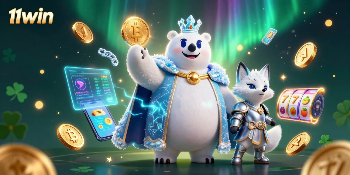 Spin reels and win big with 11WIN featuring a polar bear and snow fox in a crypto-themed casino scene.