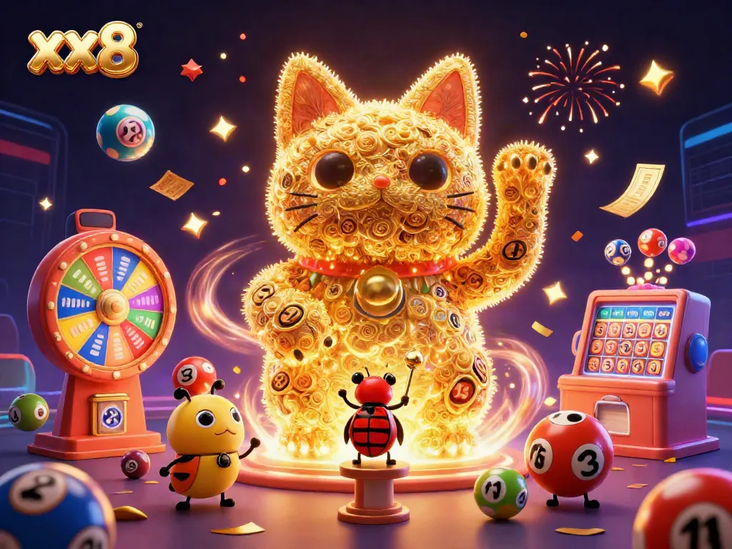 Experience thrilling gaming action with XX8, featuring a golden lucky cat embracing casino symbols amidst dynamic visuals.