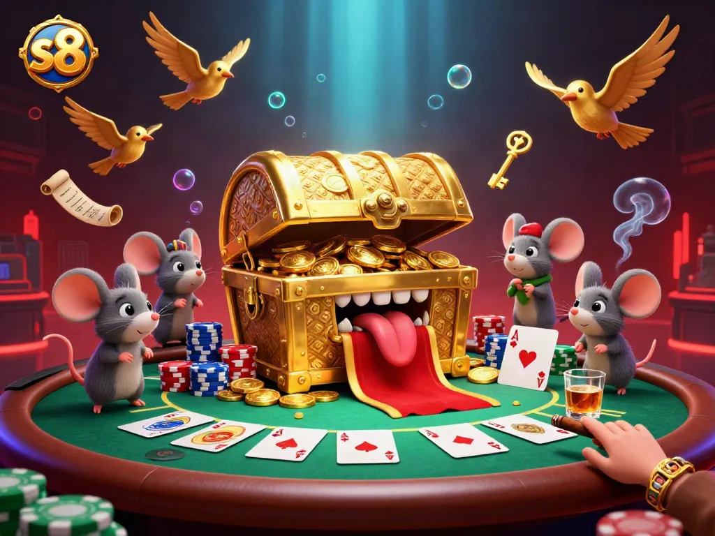s8 casino adventure with a treasure chest lure, poker elements, and vibrant casino atmosphere.