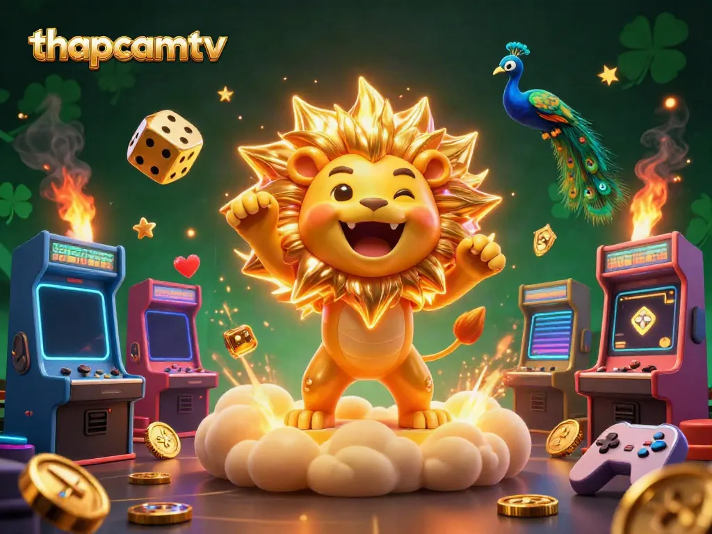 Experience thapcamtv's vibrant football atmosphere, with a roaring sun lion and golden dice in a lively 3D rendering.