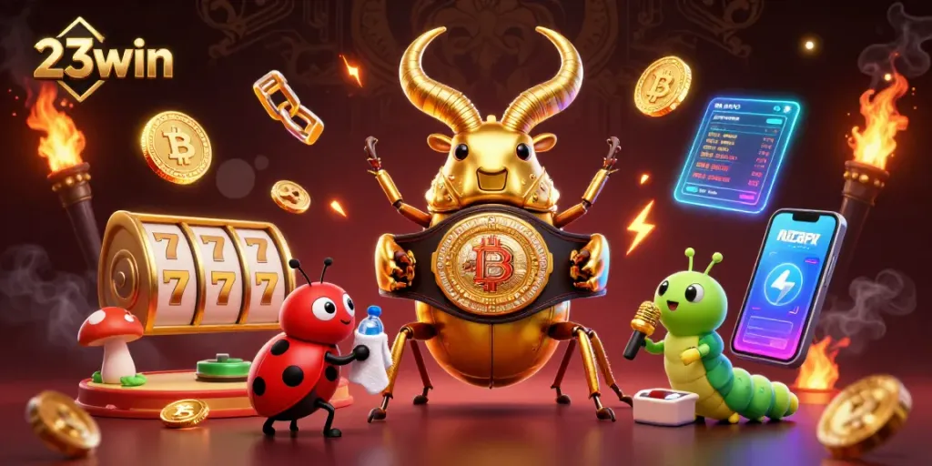 Experience thrilling gameplay as 23win's giant beetle fights for jackpot wins in a vibrant casino scene.
