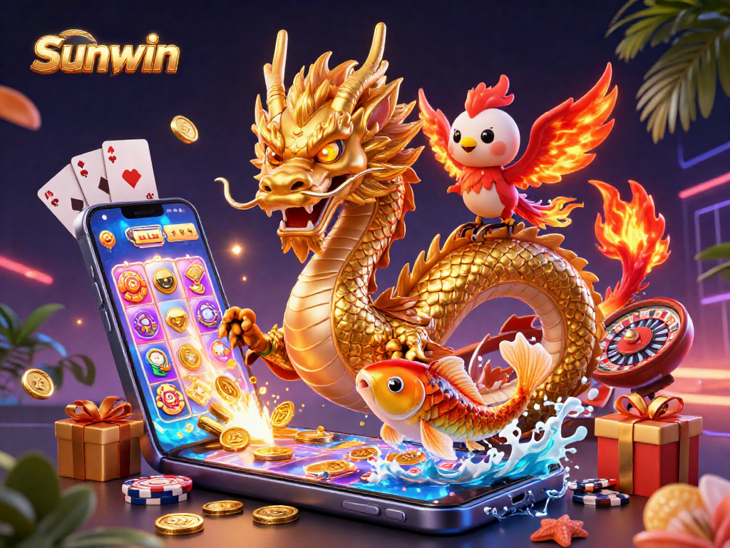 Engage in thrilling gaming adventures with Sunwin's vibrant 3D casino illustration featuring dragon, phoenix, and koi.