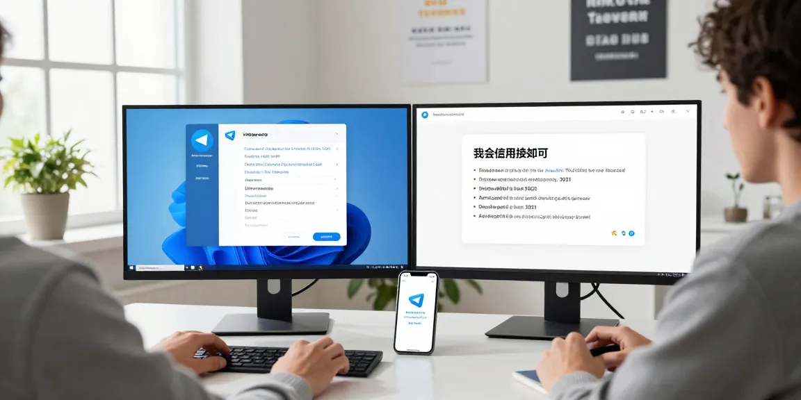 成功在Telegram中文界面设置的用户，展示现代工作空间和双屏显示器。
