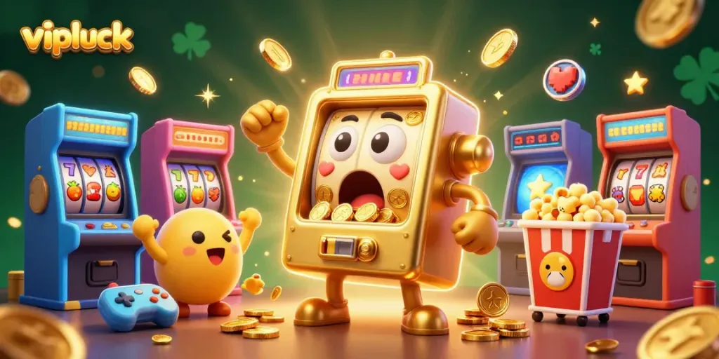 Experience the excitement of vipluck as the golden slot machine hits a jackpot with coins overflowing.