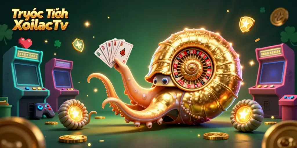 Engage with Trực Tiếp XoilacTv's vibrant 3D cartoon illustration showcasing a lively casino atmosphere filled with games and excitement.