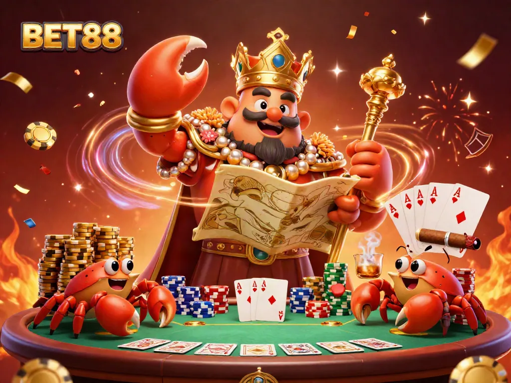 BET88 mang đến một cảnh tượng hoành tráng với vua cua vàng và các nhân vật phụ tại sòng bạc.