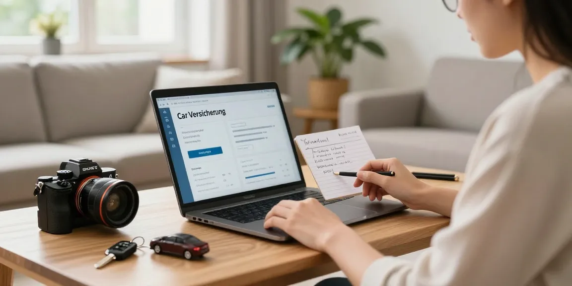 Kfz Versicherung Vergleich in einem gemütlichen Wohnraum mit Laptop und Modellauto.