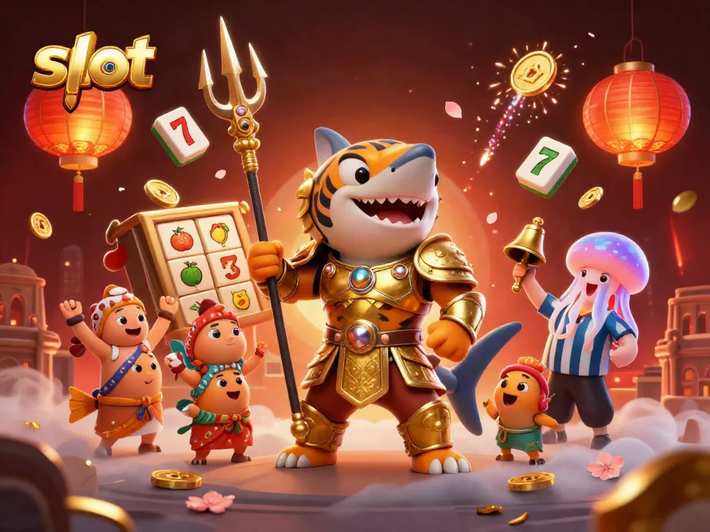 Experience thrilling slot gameplay with a fantastical scene featuring a shark gladiator in a vibrant underwater arena.