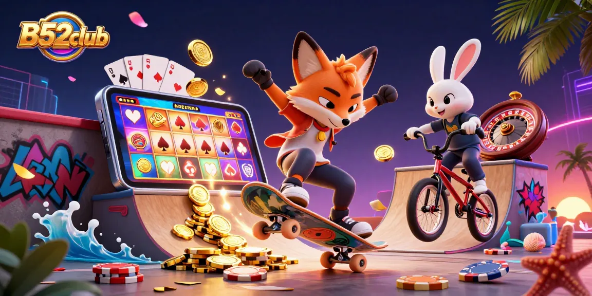 B52club showcases thrilling gaming action with cartoon characters in a vibrant casino scene.