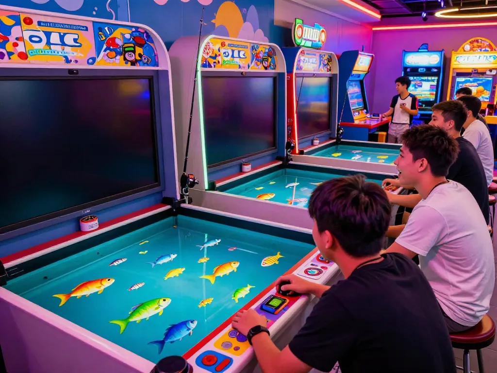 Engaged players in a lively gaming arcade focusing on lại là Bắn cá đổi thưởng game surrounded by colorful visuals and vibrant décor.