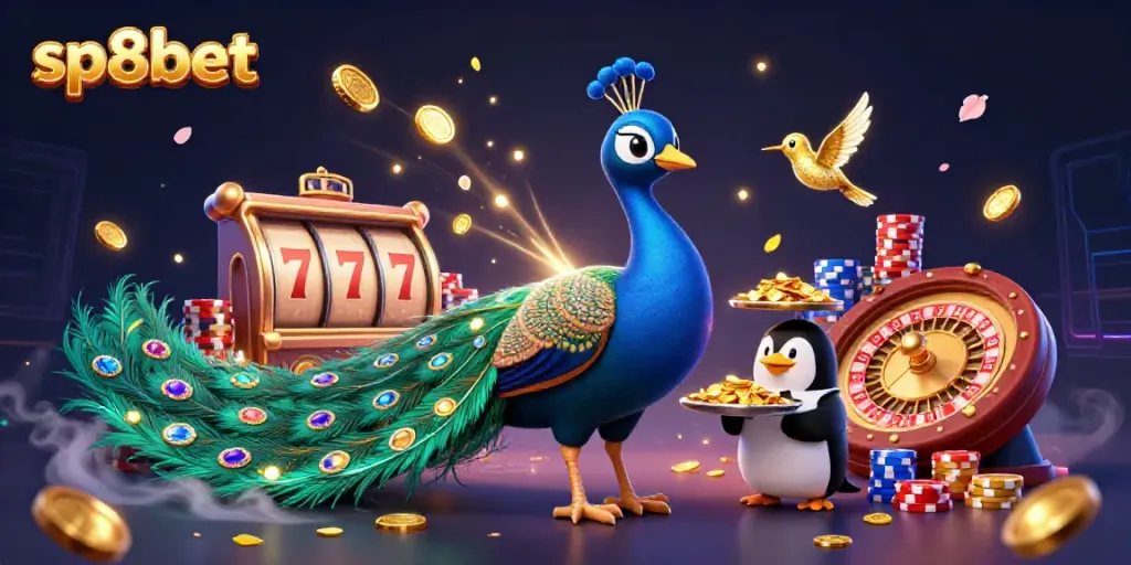 Engage in excitement with SP8BET, featuring a lively casino scene with a peacock, penguin butler, and hummingbird amidst animated gaming elements.