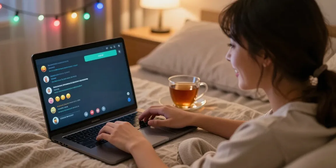 Engaging in intimate sex chat on a laptop in cozy surroundings.