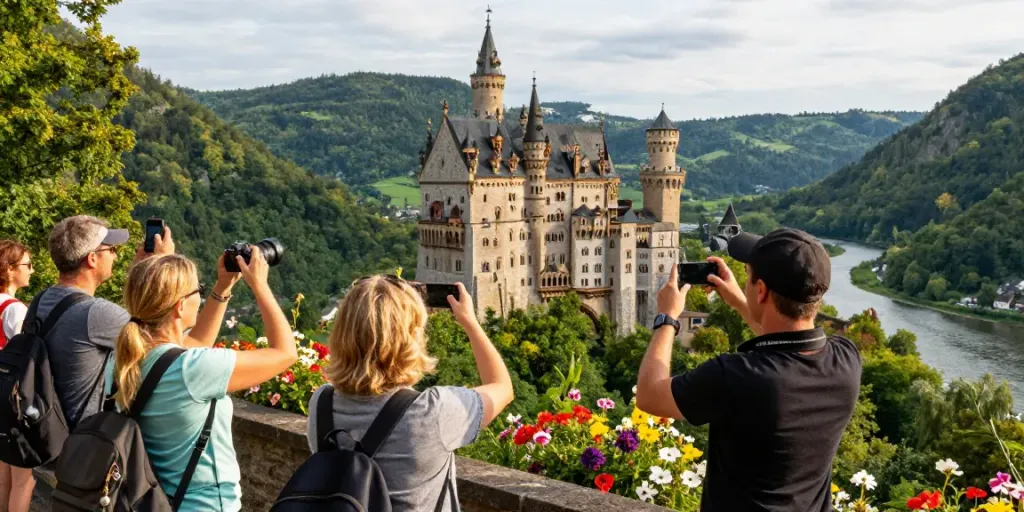 Entdecker bestaunen das Eltz Personal Schloss, umgeben von grünen Hügeln und der Mosel – ein historisches Erlebnis.