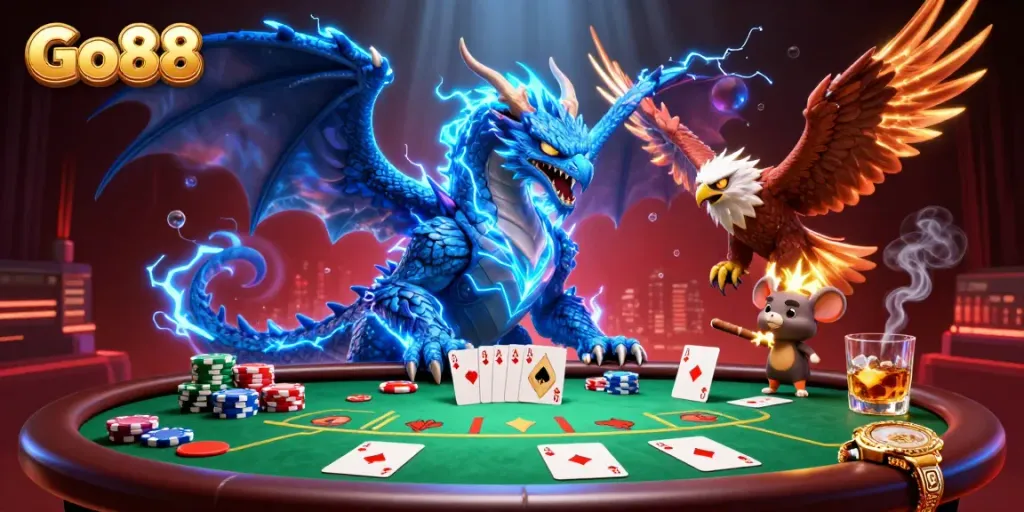 Experience the thrill of Go88 with an electrifying poker scene featuring vibrant characters and game elements.