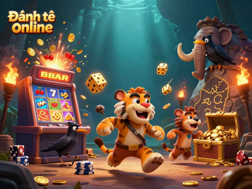 Experience Đánh đề online with a captivating prehistoric casino scene featuring unique characters and vibrant game elements.