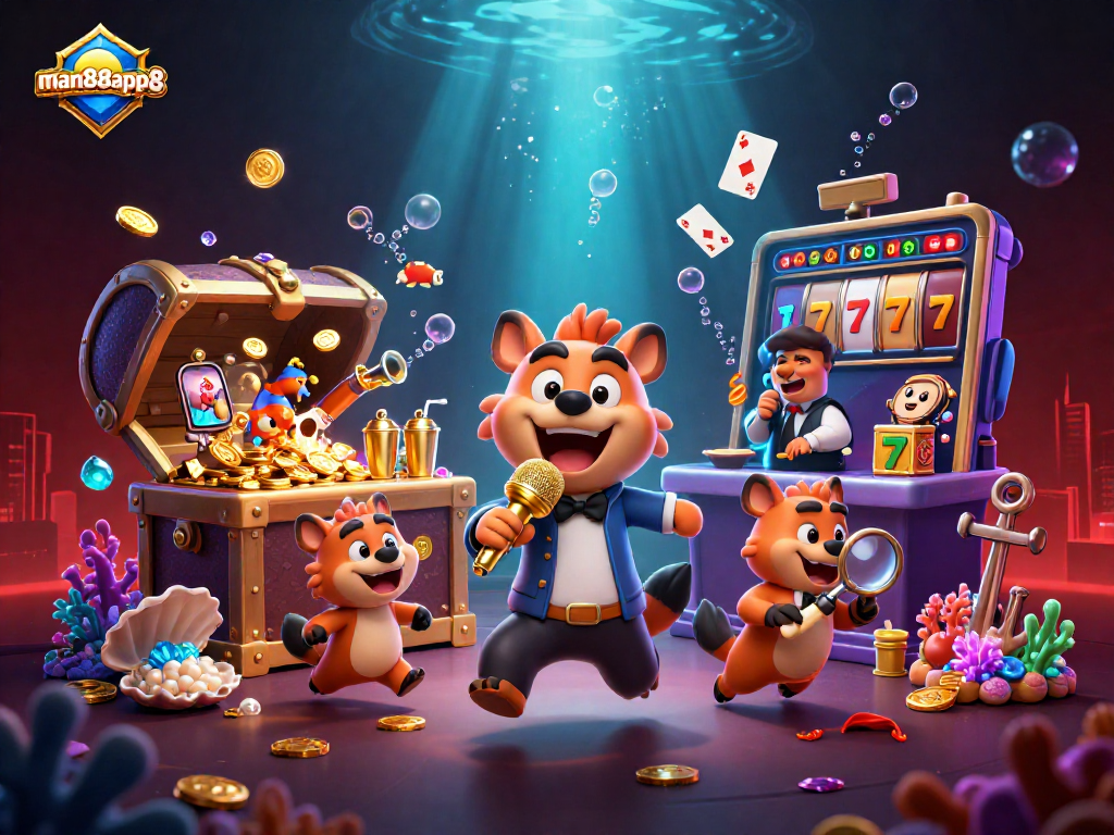 Experience excitement at man88app8 with hyena characters in a vibrant casino scene