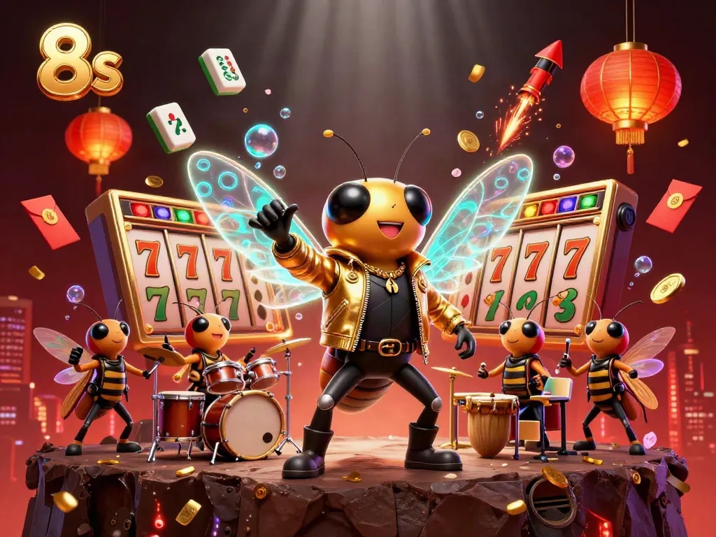 Experience thrilling slots action with 8s, highlighted by a vibrant rock star theme and dynamic casino elements.