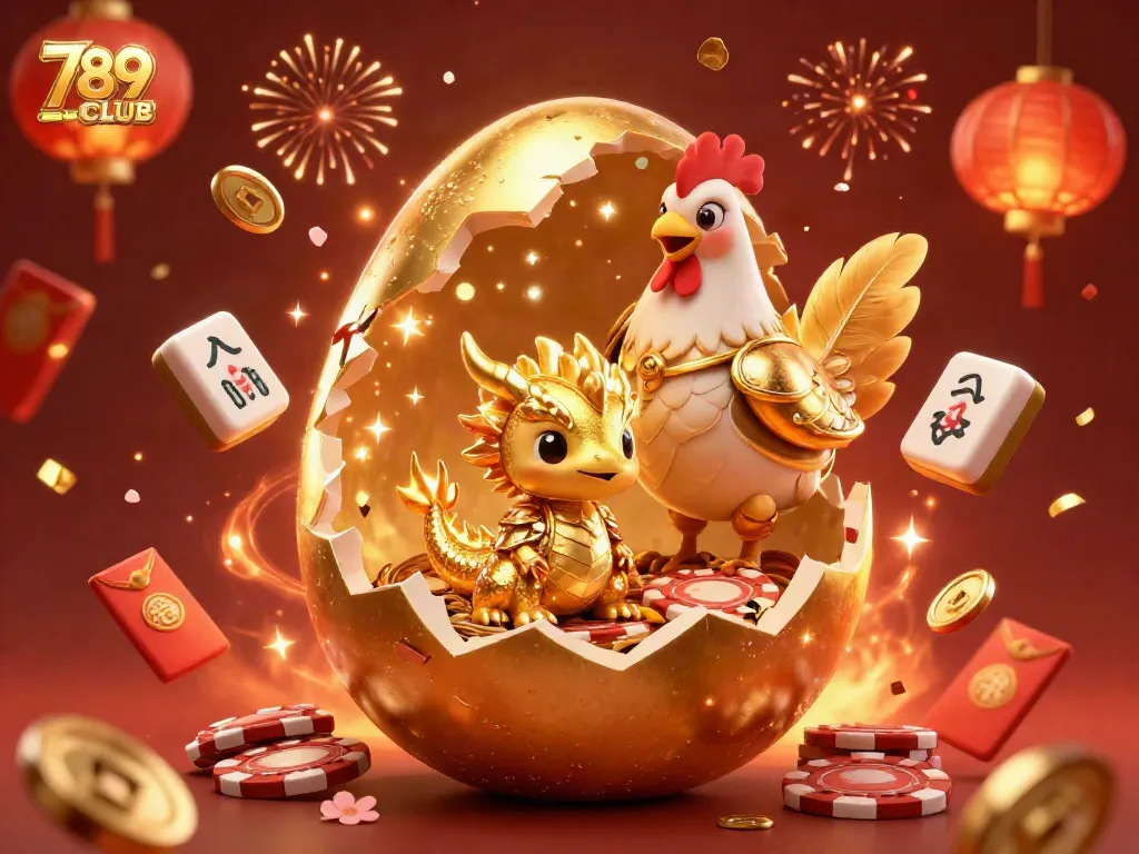 Experience the vibrant world of 789CLUB with a dazzling golden dragon and poker chips, showcasing festive gaming elements.