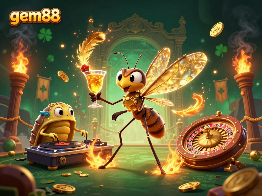Experience the thrill of gem88 with animated casino characters in a vibrant 3D scene.