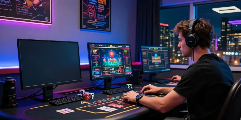 Dewacash Asia player engaged in online gaming, showcasing vibrant game interfaces and a dynamic atmosphere.